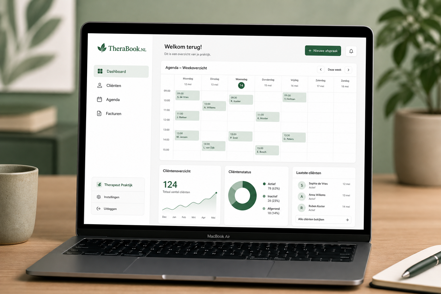 TheraBook.NL dashboard in het Nederlands — agenda, cliënten en facturen