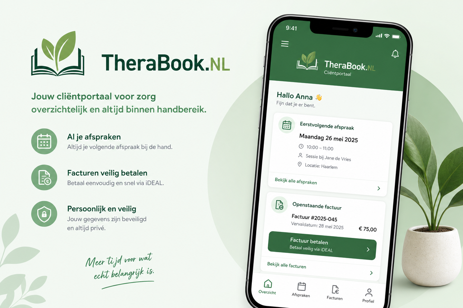TheraBook.NL cliëntportaal op smartphone — afspraken en facturen in het Nederlands